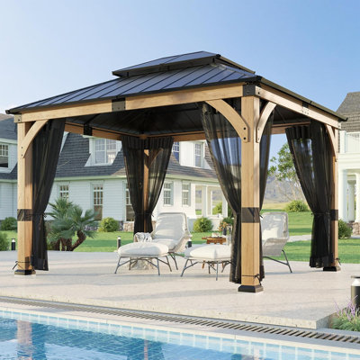 10x12 FT Outdoor Wood Gazebo with Black Netting & Galvanized Steel Roof