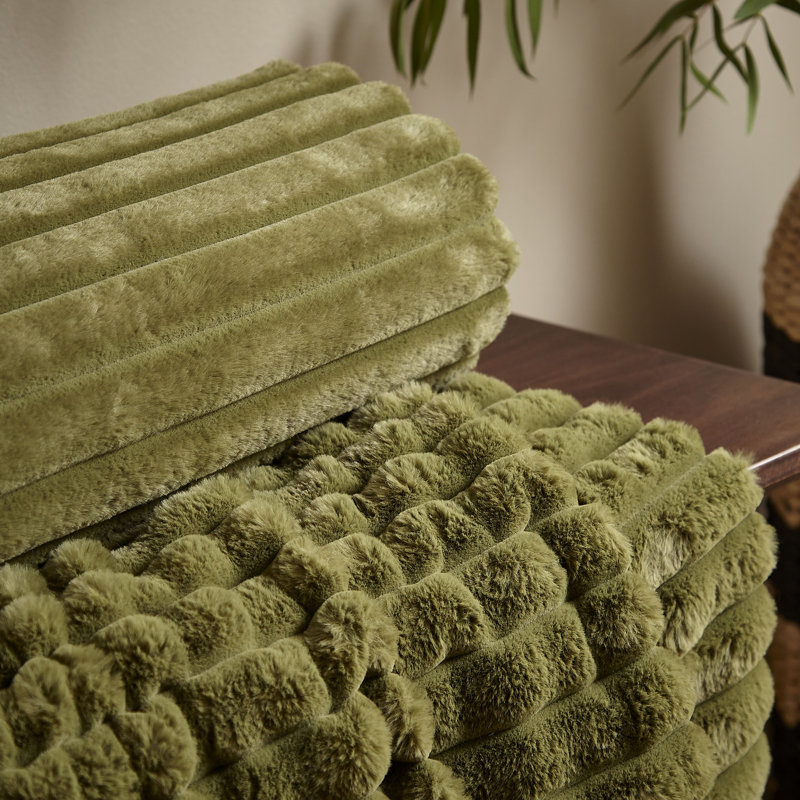 Cosy Ribbed Faux Fur Blanket Throw, Olive Green