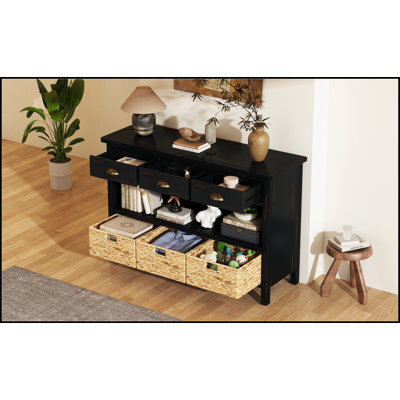 Console rétro avec 3 tiroirs de rangement et paniers tissés, parfaite pour le vestibule, le couloir et le salon
