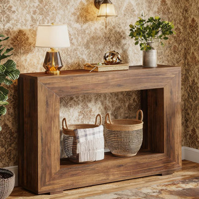 Console 47 po en bois, canapé long et étroit avec rangement pour le salon et le vestibule, style campagnard rustique