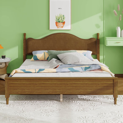 Wood Platform Bed with Upholstered Headboard, Mid-Century Modern Platform Bed with Headboard