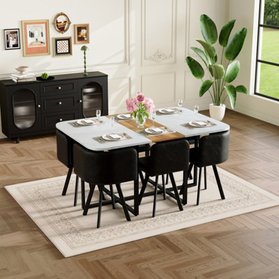 Ensemble de table de salle à manger 7 pièces rectangulaire, plateau de table en grain de bois à deux tons fixe et triamine noire avec 6 chaises en cuir ciré noir, ensemble de table de cuisine moderne pour 6 personnes, idéal pour les petits espaces, appartement