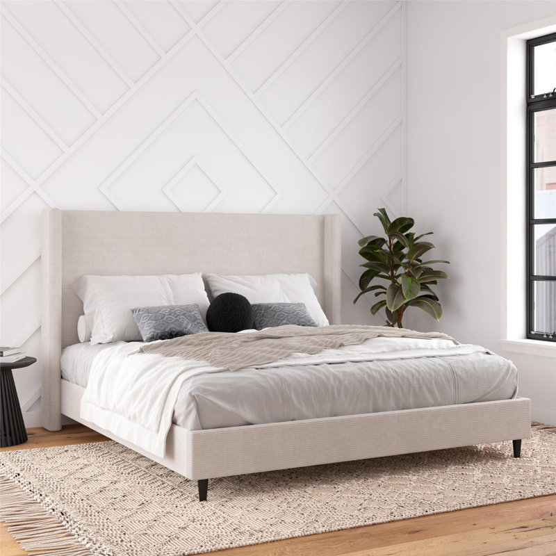 Ana King Upholstered Wingback Bed, Ivory Corduroy