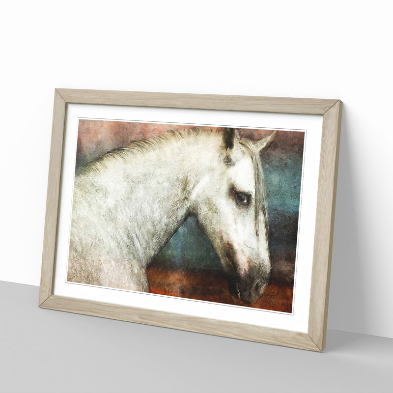 White Horse Portrait - Picture Frame Painting Print, 24cm H x 33cm W x 2cm D, Oak Framed