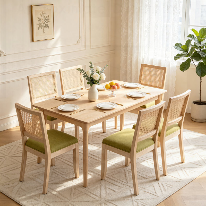 Ensemble de 2 chaises de salle à manger en rotin de style campagnard avec cadre en bois massif naturel et dossier bas