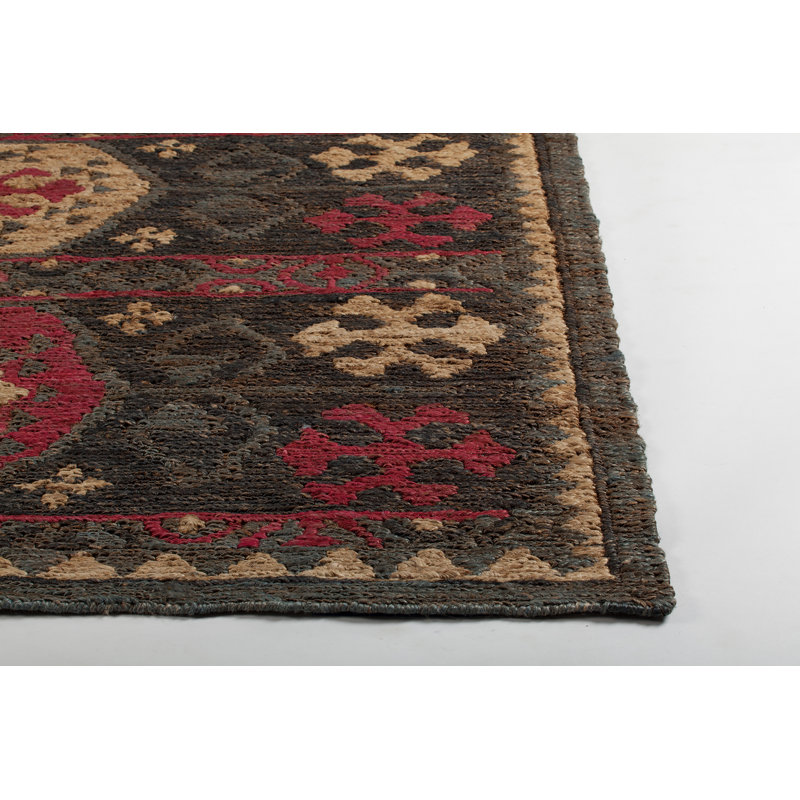 Tapis gris/rouge fait main dhurrie Ronan, Rectangle 7 pi 9 po x 10 pi 6 po