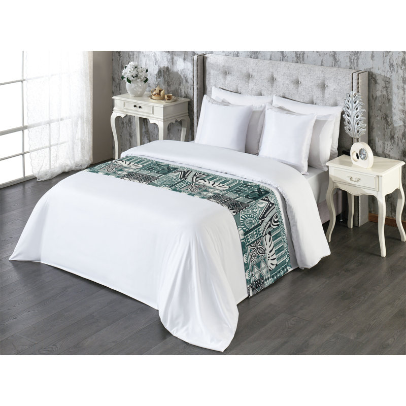 Ambesonne Hawaiian Bed Scarf Runner Ethnic Flower Pattern Folk Off White Black Teal, King
