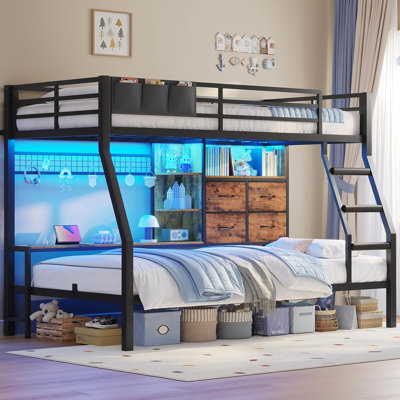 Bed  With 4 Storage Drawers & Shelves & Bedside Caddy, Twin  Beds With Charging Station & Led Lights, Metal Bed With Safety Guardrail & Angled Ladder