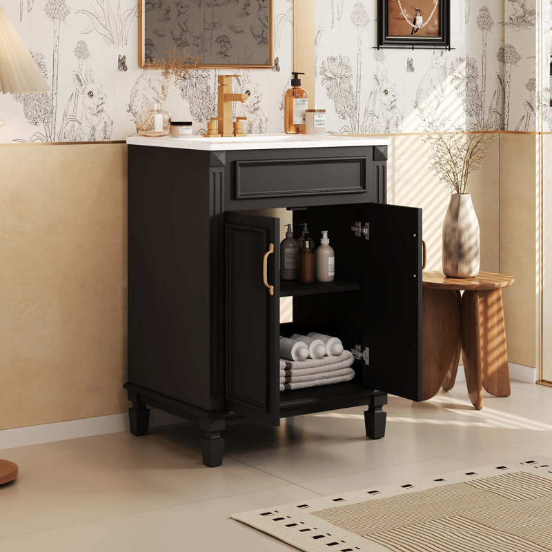 Meuble-lavabo 24 po avec lavabo supérieur, armoire de rangement moderne avec 2 portes à fermeture douce et cadre de tablette réglable
