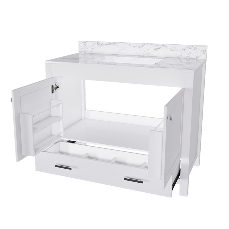 Ensemble de meuble-lavabo moderne 43 po avec plateau en pierre de Carrare blanc fritté, armoire de salle de bain multifonctionnelle avec portes et tiroir, structure solide et panneau de fibres à densité moyenne (trou de robinet simple)