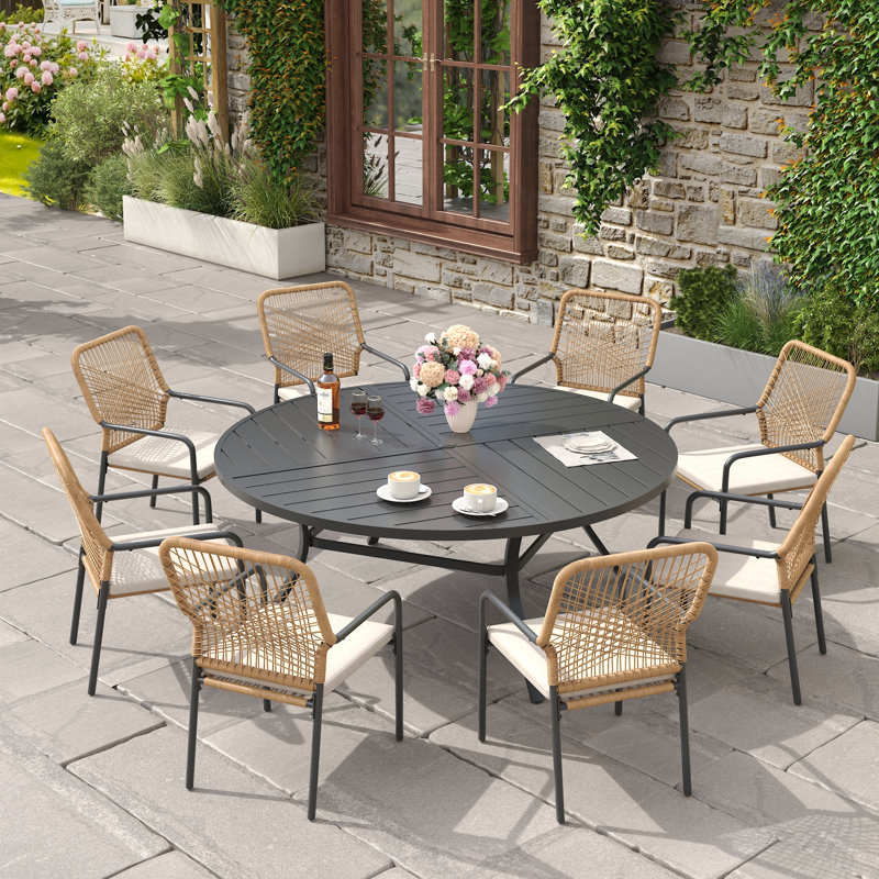 9-Pieces Patio Round Outdoor Dining Set With Rattan Armchair, Black