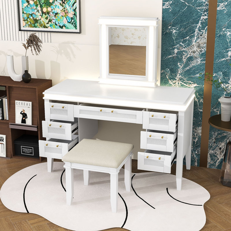 Vanity Desk with Mirror, Lights, Drawers and Cushioned Stool, Light Beige