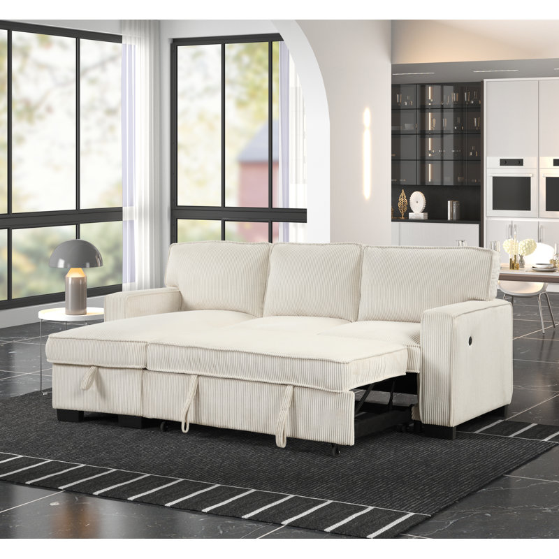 Clifford ariz Upholstered Corduroy Pull Out Reversible Sleeper Sofa bed & Storage Chaise, Beige Corduroy