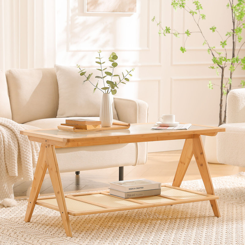 39.4" Glass Top Coffee Table with ABS Rattan Storage Shelf, Natural