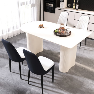 63" Cream Style Dining Table And 4 High - Density Sponge Comfortable Pu Chairs Fits Various Interior Styles Ideal For Entertaining, Simple Assembly