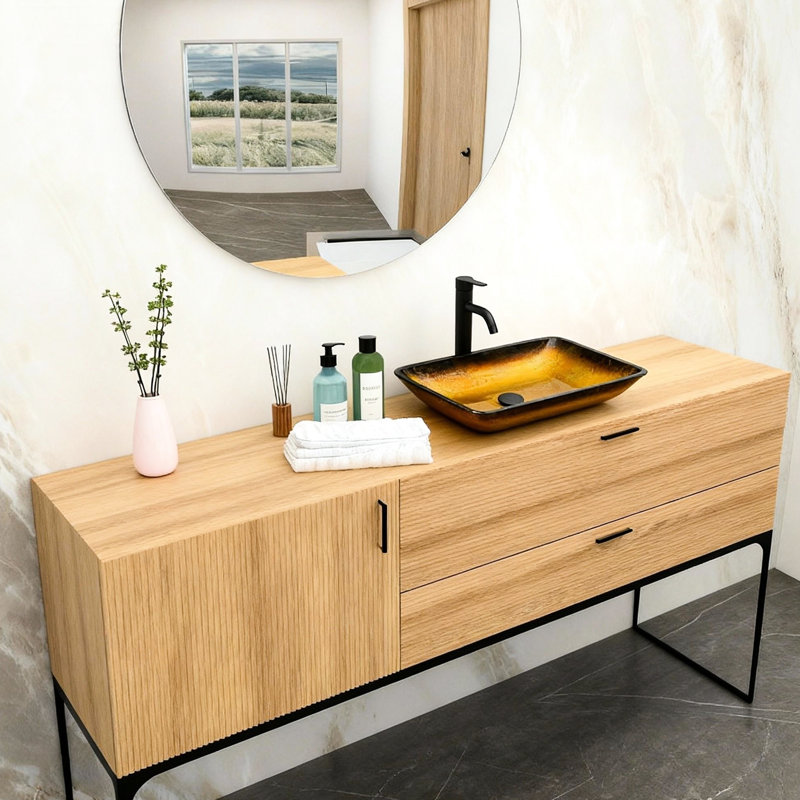 Lavabo de salle de bain au-dessus du comptoir, verre trempé doré ambré, forme carrée, bonde escamotable, cuve à usages multiples, apparence élégante