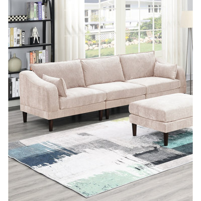 Modern 6Pcs Couch , Blush Pink Suede - Fabric, Sectional Fabric With Wood Legs & Armless Chair