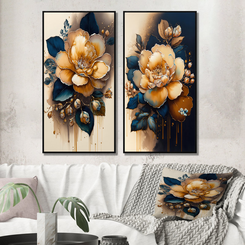 "Fleur de camélia jaune et bleu foncé", 2 pièces sur toile, H 32 po x l 32 po, Cadre noir
