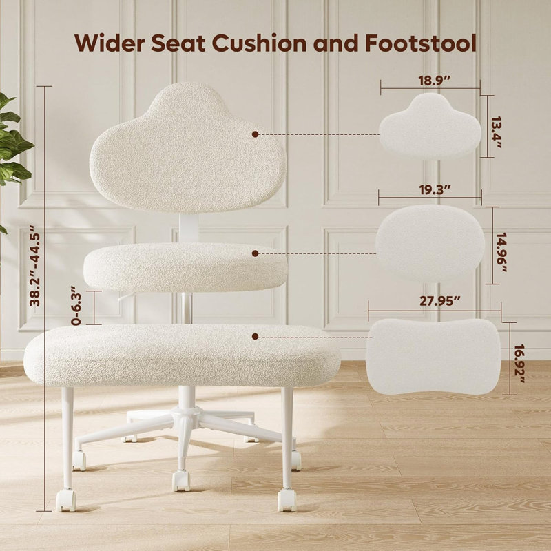 Off White Cross Legged Office Chair - Teddy Fabric, Height Adjustable Wider Backrest/Seat, Wheels (Meditation/ADHD/Yoga Chair For Adults)