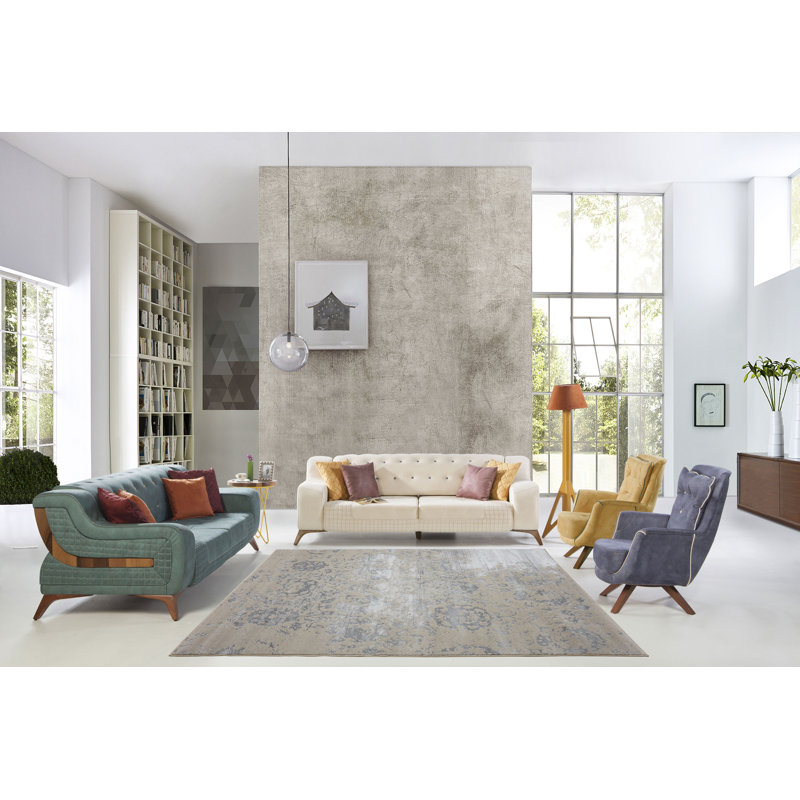 Tapis abstrait champagne / crème Lapoint, Rectangle 7 pi 10 po x 10 pi 6 po