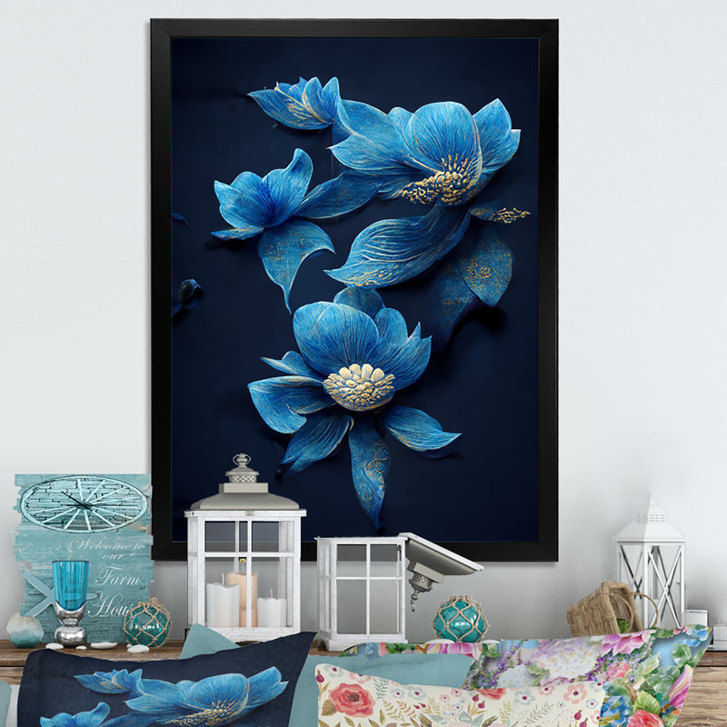 Décoration murale rétro en bois bleu clair chinois V - Floral, Cadre photo noir, H 20 po x l 12 po x P 1 po