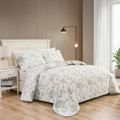 Marina Decoration Home Bedding Jacquard Embroidery Stitching  Coverlet Bedspread Ultra Soft Bedding Solid 2 Piece Summer Embroidered Quilt Set with 1 Quilted Sham, Green Floral Twin/Single Size
