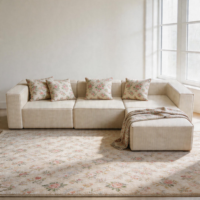 108" Luxury Corduroy Large Compression Module Couch Sofa With Ottoman For Living Room, Beige