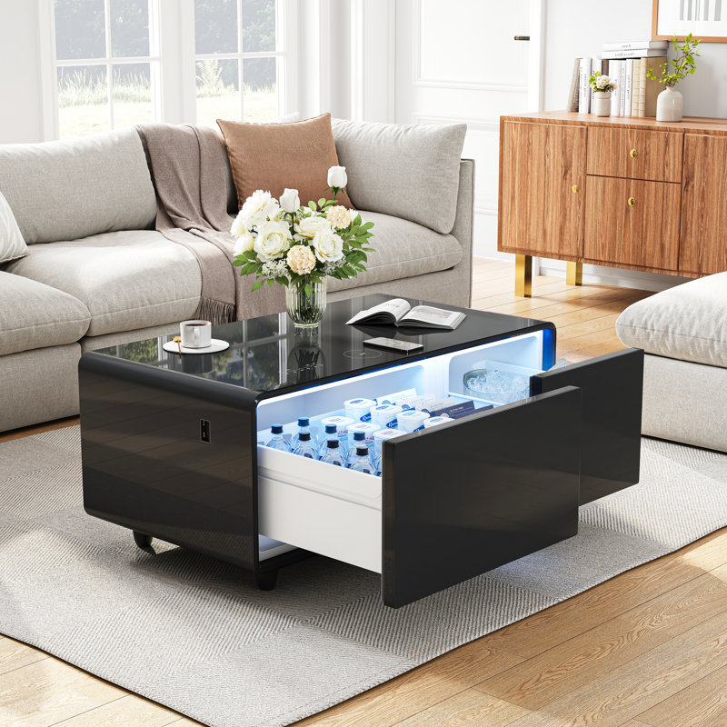  Smart Coffee Table with 93L Built-In Fridge & Freezer, Bluetooth Speakers, Wireless Charging, USB Ports, LED Lighting, Modern Living Room Refrigerated Table