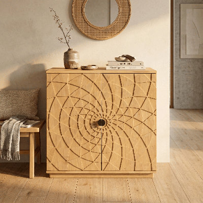 NTC BLOOM 2-Door Storage Cabinet, Solid Wood Designer Accent Cabinet with Hand-Carved Geometric Pattern Doors, Modular & Expandable Storage System for Living Room, Sand