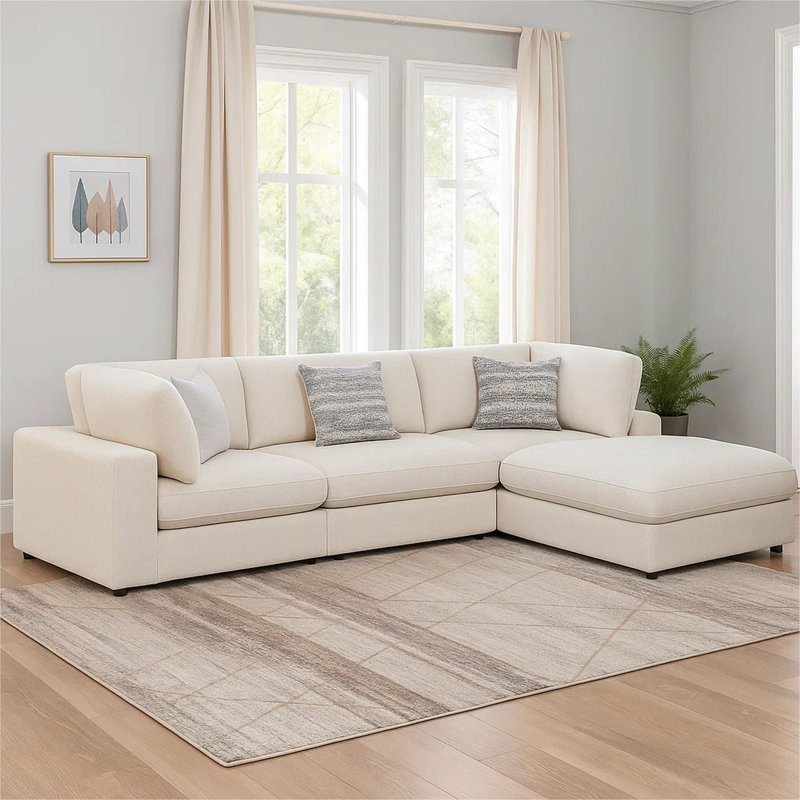 Canapé modulaire avec repose-pieds 4 pièces Serena, Tissu beige / mélange de lin / jacquard