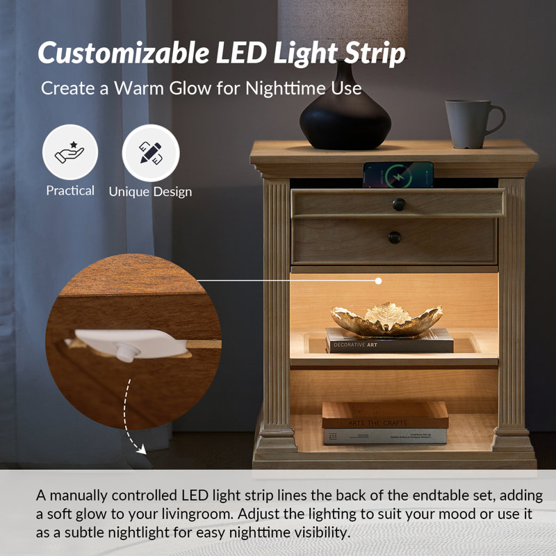 Wadeeah 26.75'' H Transitional Nightstand with Built-In Power Station and LED Light Strip, Natural