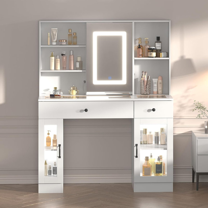 Large Vanity Desk with Sliding Mirror, 3-Color LED Lights & Power Outlets, Makeup Dressing Table with Storage Drawers, Glass Shelves & Cabinets, MDF Beauty Station, Easy Assembly