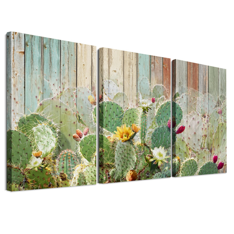 Cactus figue de barbarie avec fleur jaune sur une clôture en bois, ensemble de 3 toiles, H 18 po x l 12 po x 3 pièces
