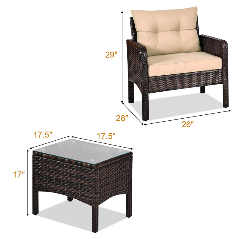 Ensemble de conversation en rotin 3 pièces avec coussins Earlville, Beige