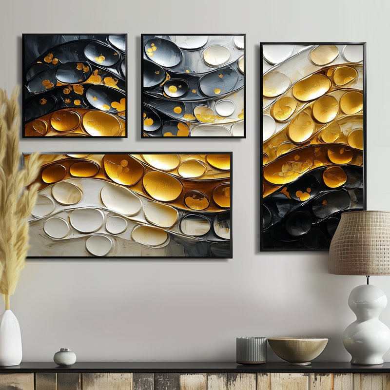 Golden Passage To Transitional Art II - Art mural abstrait 4 pièces, Noir, Impression encadrée sans passe-partout