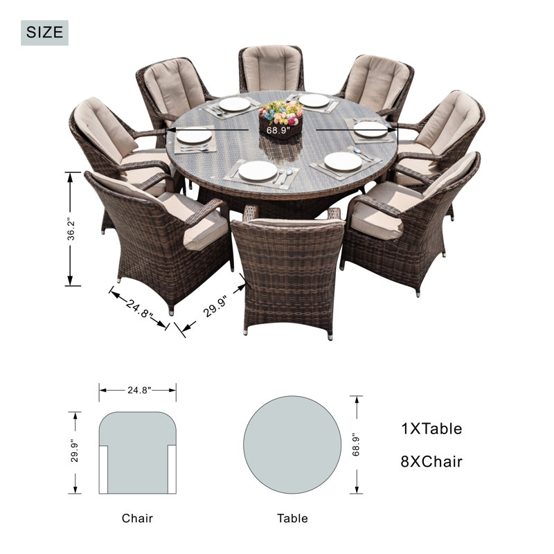 8-Person Outdoor Brown Dining Table Set, Brown