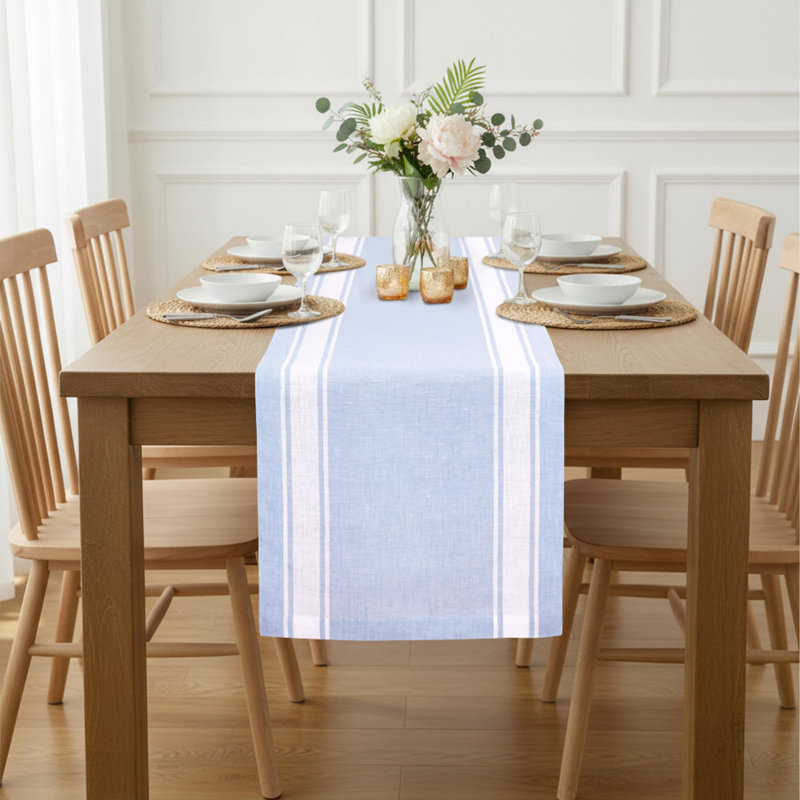 Farmhouse Stripe - 100% Pure Linen Table Runner, 60" x 14", Cashmere Blue/White