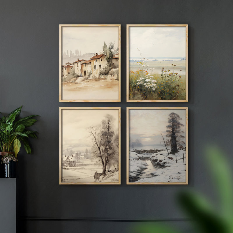 "Paysage rétro", 4 pièces sur papier, H 14 po x l 11 po, Naturel