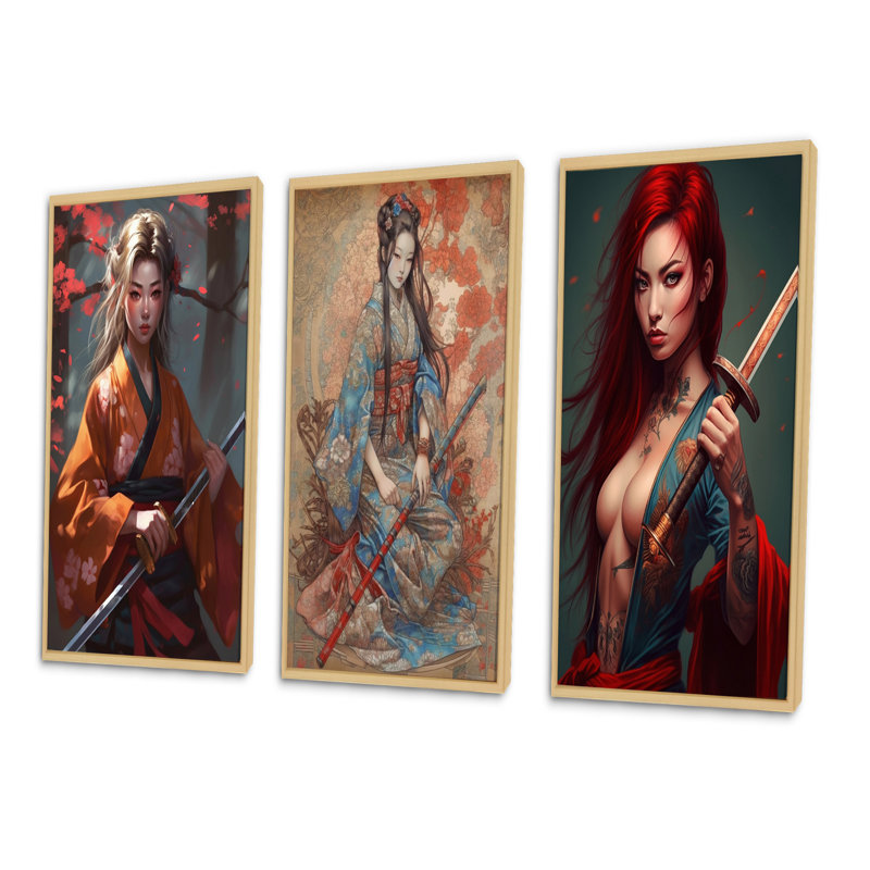 «Fierce Samurai Girl», 3 pièces sur toile, Cadre naturel flottant, H 28 po x l 36 po