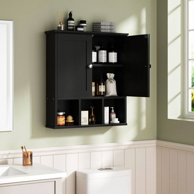 Bathroom Medicine Cabinet – Wall-Mounted with 2 Doors & Open Shelf for Organized Storage, Black
