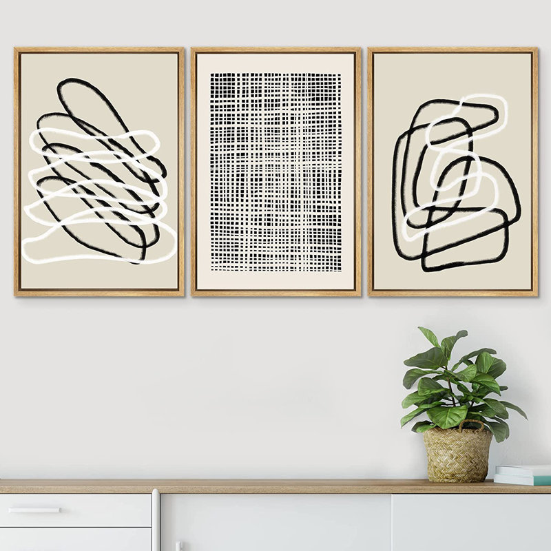 Black Grunge Paint Strokes Minimalist Neutral Abstract Framed On Canvas Wall Art 3 Pieces Print, 36" H x 72" W, Brownd