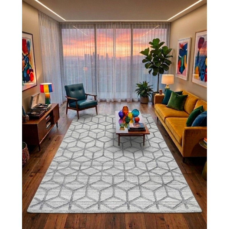 Tapis d'intérieur rectangulaires gris clair en polypropylène géométrique tissé à la main Kilim, Rectangle 3 pi x 5 pi