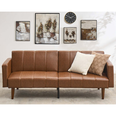 Canapé-lit futon en cuir synthétique de 75 po avec dossier réglable et poches latérales, inclinable pour le salon ou la chambre d'amis, brun