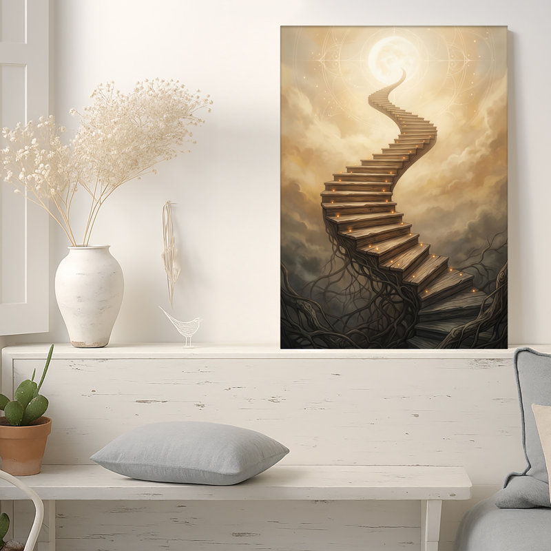 Toile flottante, escalier en bois, 18"H x 12"W