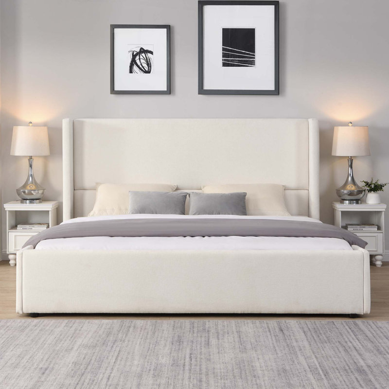 Lit tapissier élégant en tissu blanc avec tête haute