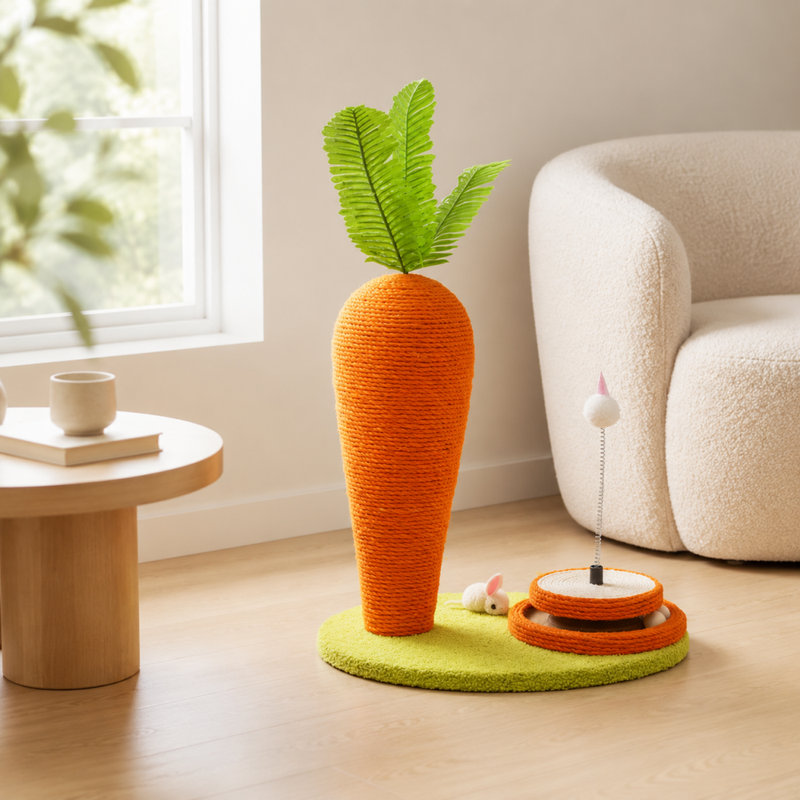 Centre d'activités pour chat en sisal en forme de carotte avec rail à roulement à billes et jouet à pompons