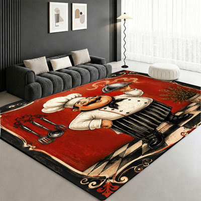 Tapis lavable à motif artistique de chef, rouge et noir, style graphique français, surface velours, doux et antidérapant, décoration intérieure moderne pour salon, chambre, entrée, bureau, balcon, appartement