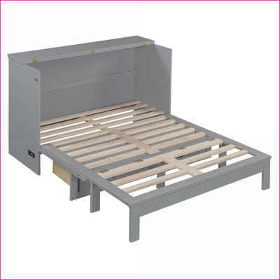 Full Size Plywood MDF Pinewood Rattan Finish Space-Saving Murphy Bed with Large Drawers Gray for Small Apartments
