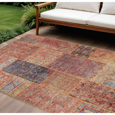 10' X 14' Orange Patchwork Washable Indoor Outdoor Area Rug