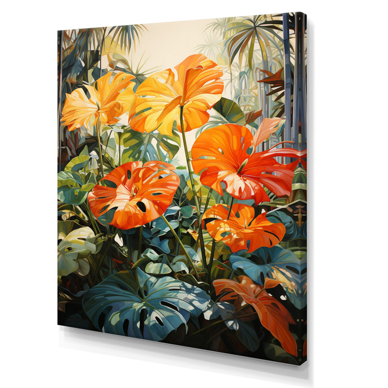 Feuillage tropical orange et vert IV, Toile tendue, H 32 po x l 24 po x P 1 po